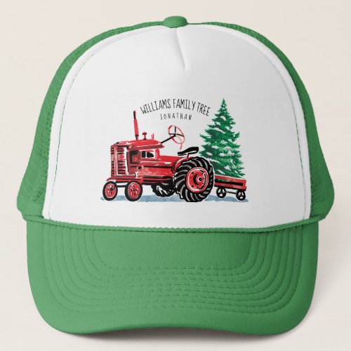 Red Vintage Tractor Christmas Tree Add Name Trucker Hat