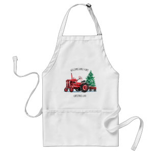 Red Vintage Tractor Christmas Tree Chef Adult Apron