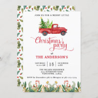 Red Vintage Truck and Greenery Christmas Party, Invitation