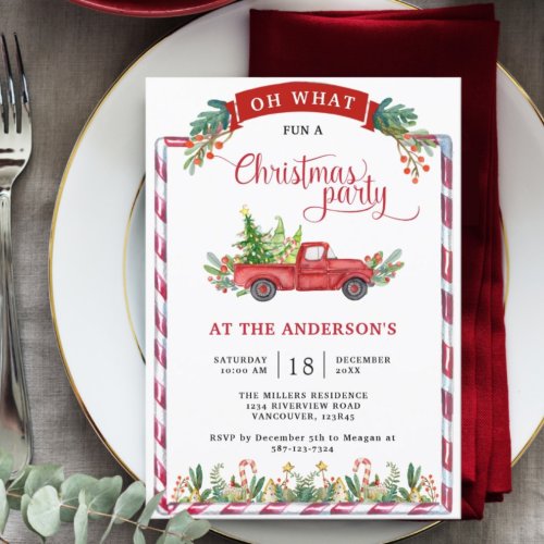 Red Vintage Truck and Greenery Christmas Party Invitation