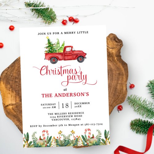 Red Vintage Truck and Greenery Christmas Party Invitation