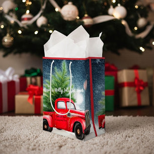 Red vintage truck and tree custom holiday  medium gift bag