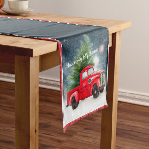 Red vintage truck and tree custom holiday short table runner