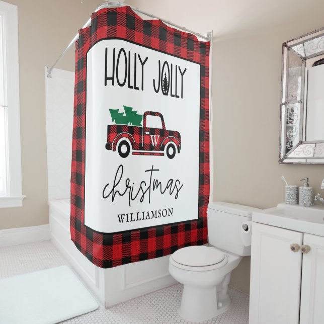 Red Vintage Truck Buffalo Plaid Personalized  Shower Curtain (In Situ)