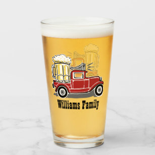 Red Vintage Truck Cheers Beer Glass Monogrammed