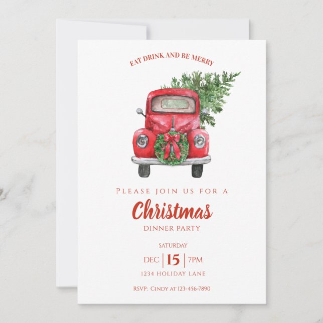 Red Vintage Truck Christmas Dinner Party Invitation (Front)