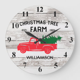 Red Vintage Truck Christmas Tree Family Name Large Clock