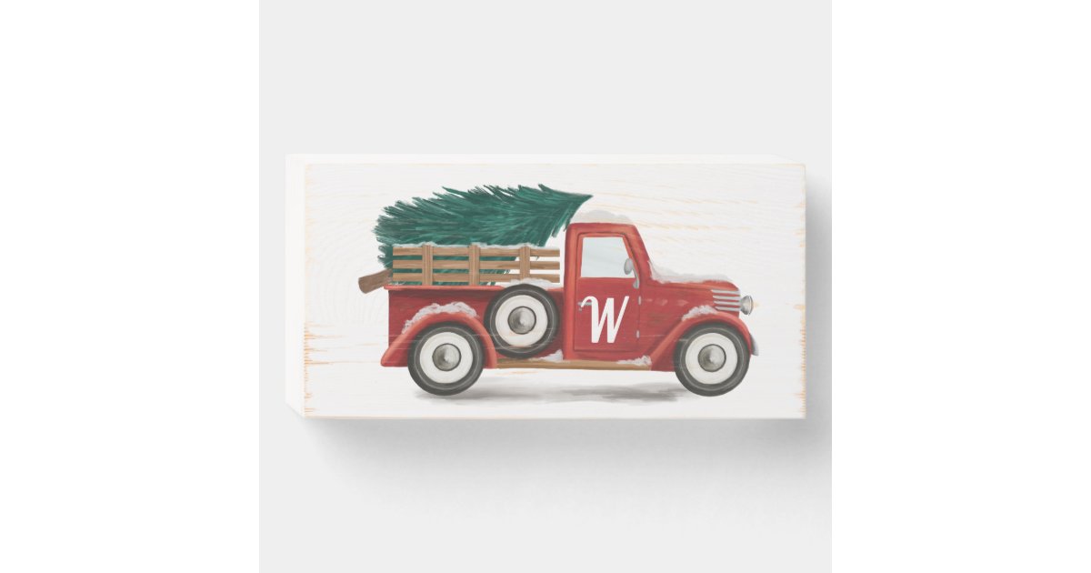 Red Vintage Truck Christmas Tree Farm Monogram Wooden Box Sign Zazzle Com