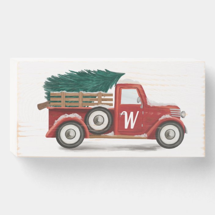 Red Vintage Truck Christmas Tree Farm Monogram Wooden Box Sign Zazzle Com