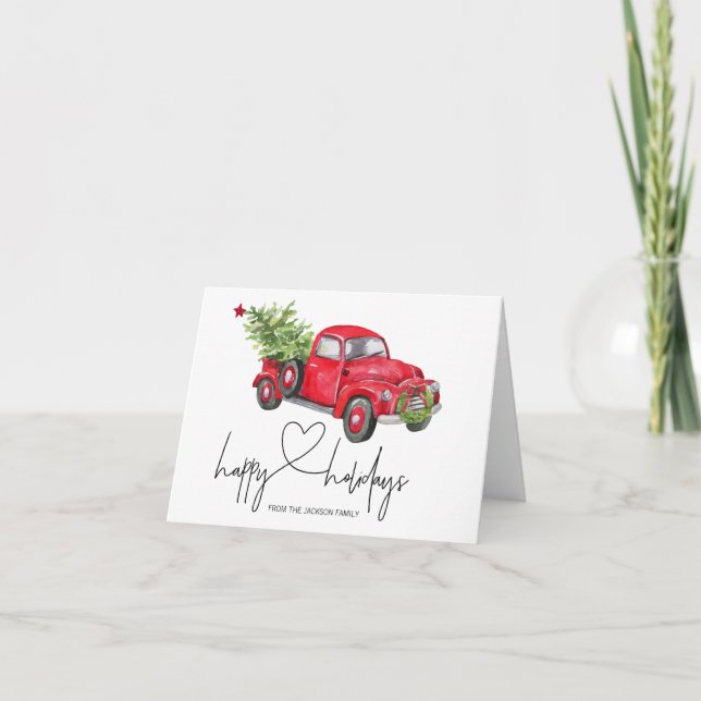 Red Vintage Truck Christmas Tree Happy Holidays Card (Front)