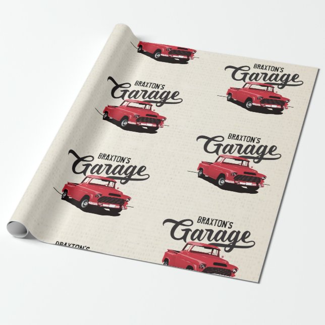 Red Vintage Truck Custom Name Wrapping Paper (Unrolled)