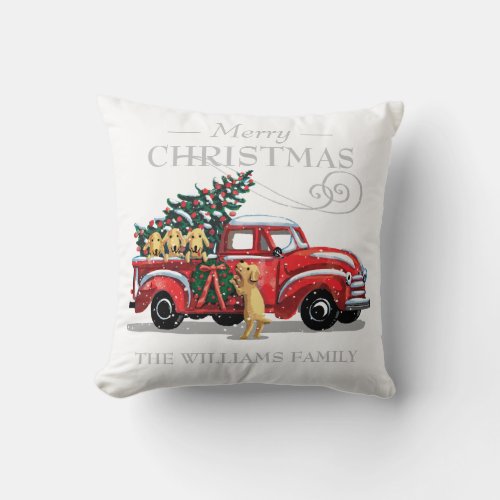 Red Vintage Truck Dogs Family Name Merry Christmas Throw Pillow