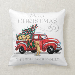 Red Vintage Truck Dogs Family Name Merry Christmas Throw Pillow