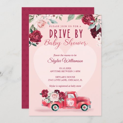Red Vintage Truck  Flowers Brive By Baby Shower Invitation