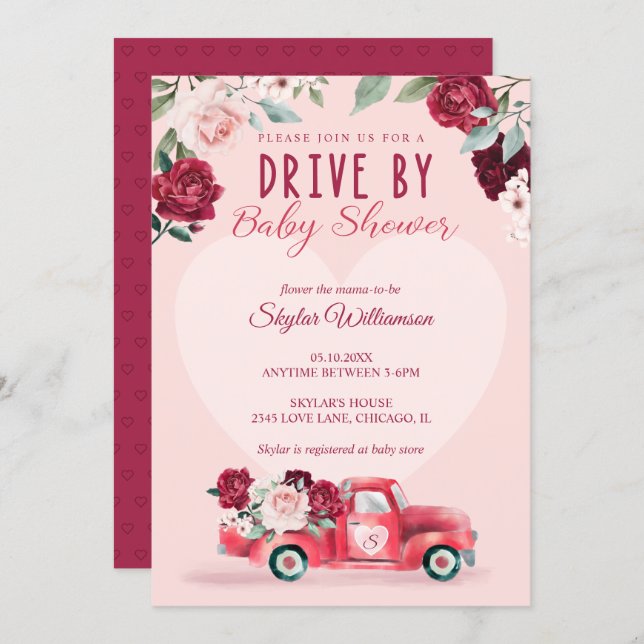Red Vintage Truck & Flowers Brive By Baby Shower Invitation (Front/Back)