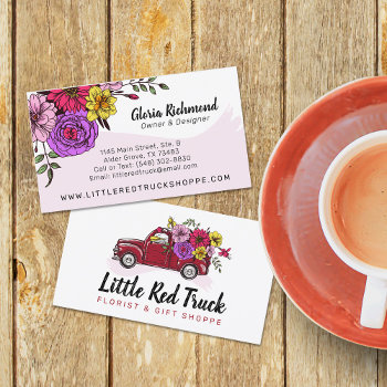 Red Vintage Truck & Flowers Cute Country Floral Business Card by CyanSkyDesign at Zazzle