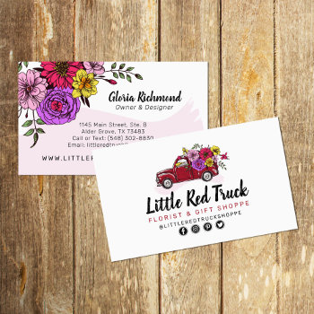 Red Vintage Truck & Flowers Floral   Social Media Business Card by CyanSkyDesign at Zazzle
