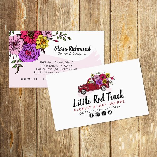 Red Vintage Truck  Flowers Floral  Social Media Business Card