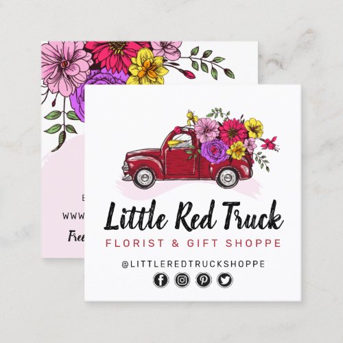 Red Vintage Truck  Flowers Floral  Social Media Square Business Card