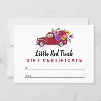 Red Vintage Truck & Flowers Gift Certificate Card by CyanSkyDesign at Zazzle