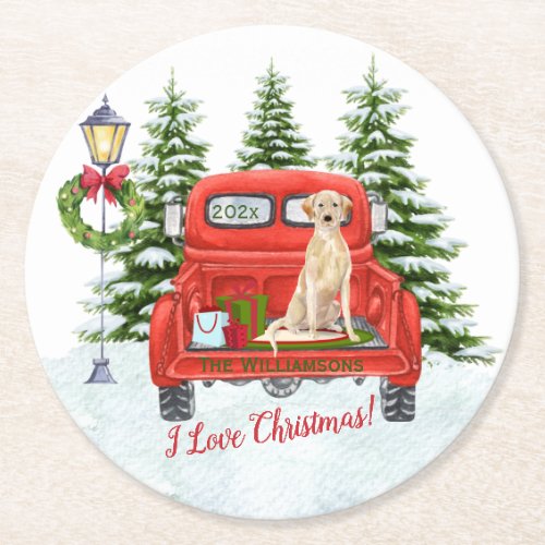 Red Vintage Truck Lab Retriever Snow Family Name  Round Paper Coaster
