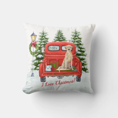 Red Vintage Truck Lab Retriever Snow Family Name   Throw Pillow