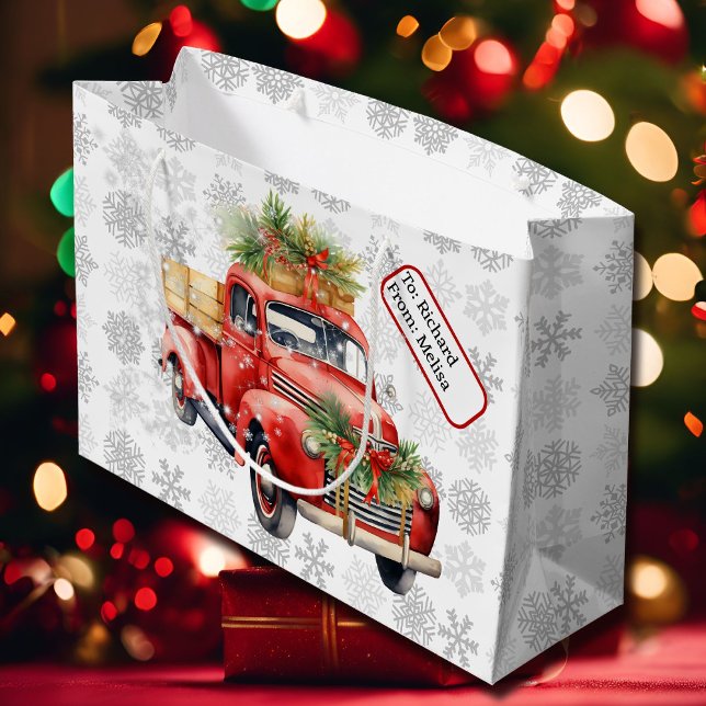 Red Vintage Truck Name Tag Christmas Snow  Large Gift Bag (Creator Uploaded)