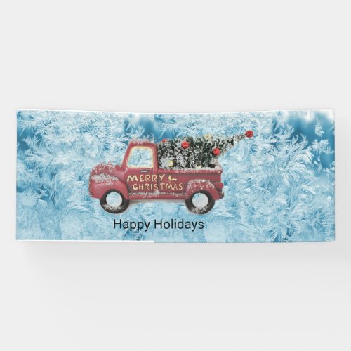 red vintage truck on a blue snowflake background banner