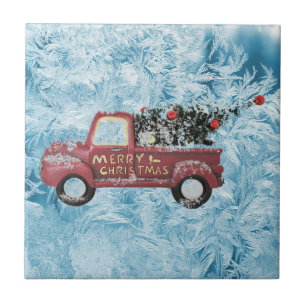 red vintage truck on a blue snowflake background ceramic tile