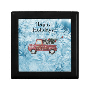 red vintage truck on a blue snowflake background gift box