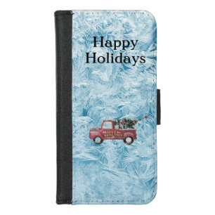 red vintage truck on a blue snowflake background iPhone 8/7 wallet case