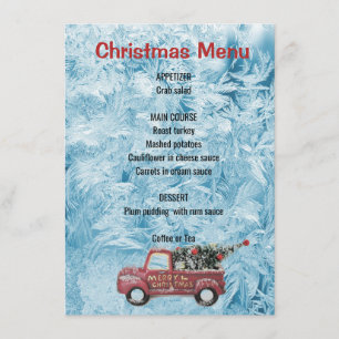red vintage truck on a blue snowflake background menu