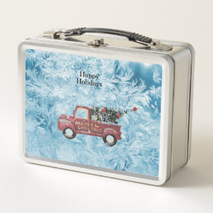red vintage truck on a blue snowflake background metal lunch box