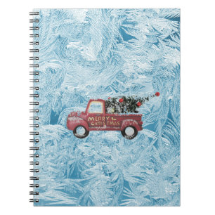 red vintage truck on a blue snowflake background   notebook