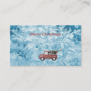 Red vintage truck on a blue snowflake background place card
