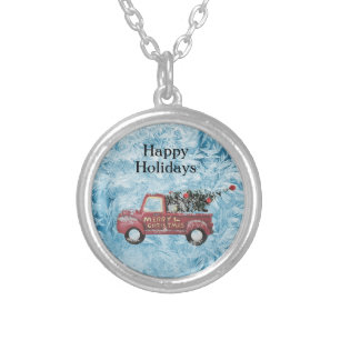 red vintage truck on a blue snowflake background silver plated necklace