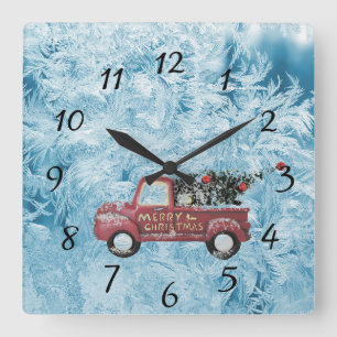 red vintage truck on a blue snowflake background   square wall clock