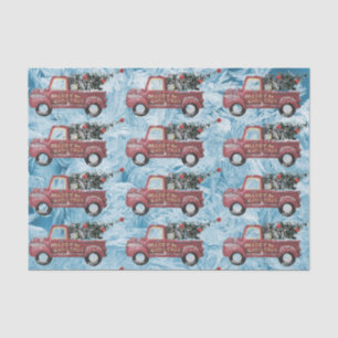 red vintage truck on a blue snowflake background tissue paper