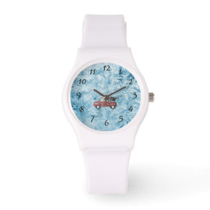 red vintage truck on a blue snowflake background   watch