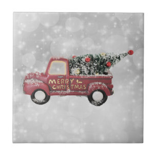 red vintage truck on a gray bokeh background ceramic tile