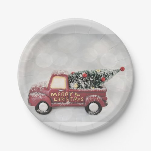 red vintage truck on a gray bokeh background paper plates