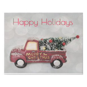 red vintage truck on a grey bokeh background faux canvas print