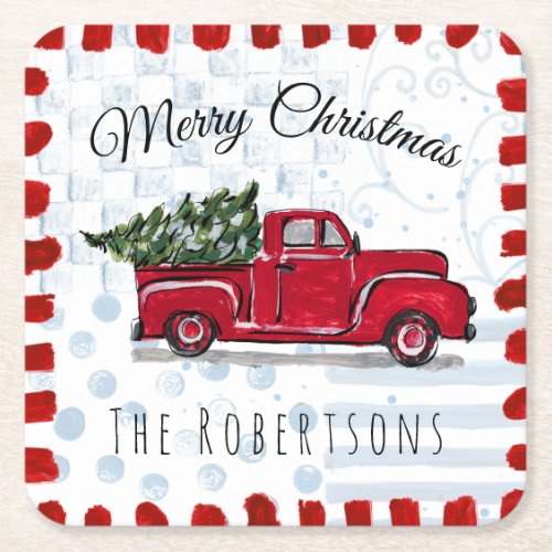 Red Vintage Truck Personalized Paper Coaster