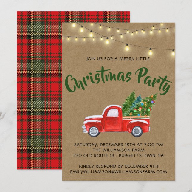 Red Vintage Truck Plaid Christmas Party Invitation (Front/Back)