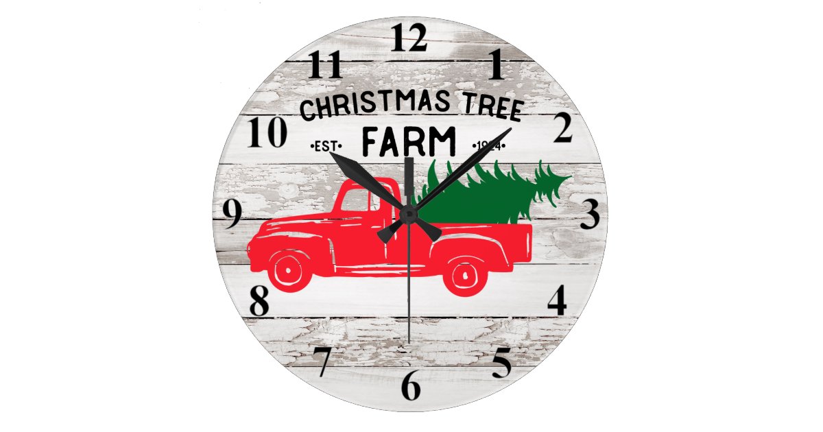 Red Vintage Truck With Christmas Tree Clock Zazzle Com