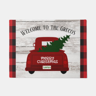 Red Vintage Truck with Christmas Tree Welcome Mat