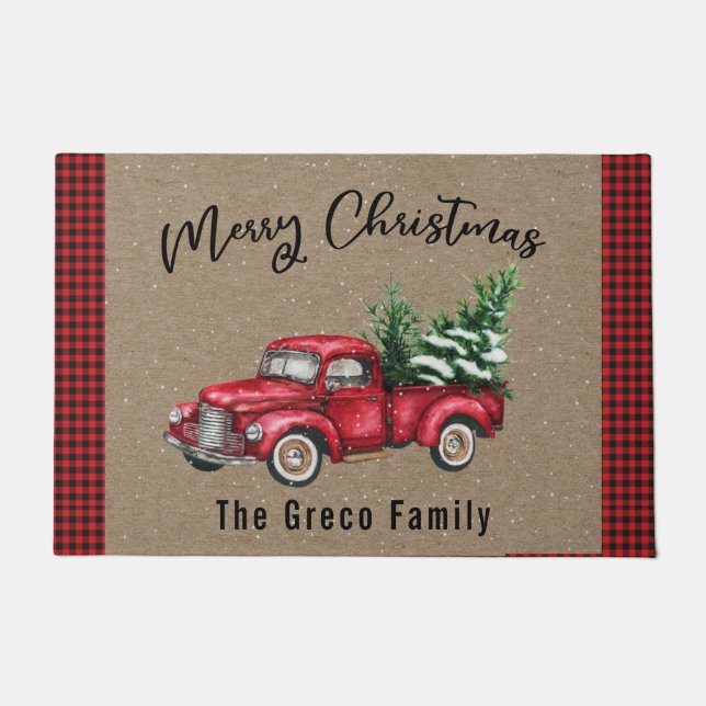 Red Vintage Truck with Christmas Tree Welcome Mat (Front)