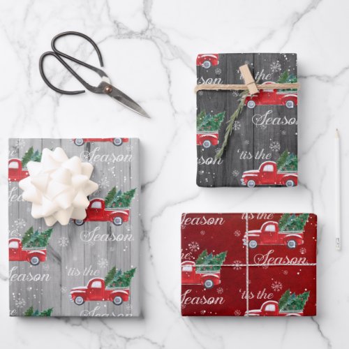 Red Vintage Truck With Christmas Trees Wrapping Paper Sheets
