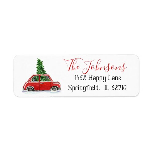 Red Vintage truck with Christmastree Label