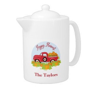 Red Vintage Truck with Pumpkins Teapot